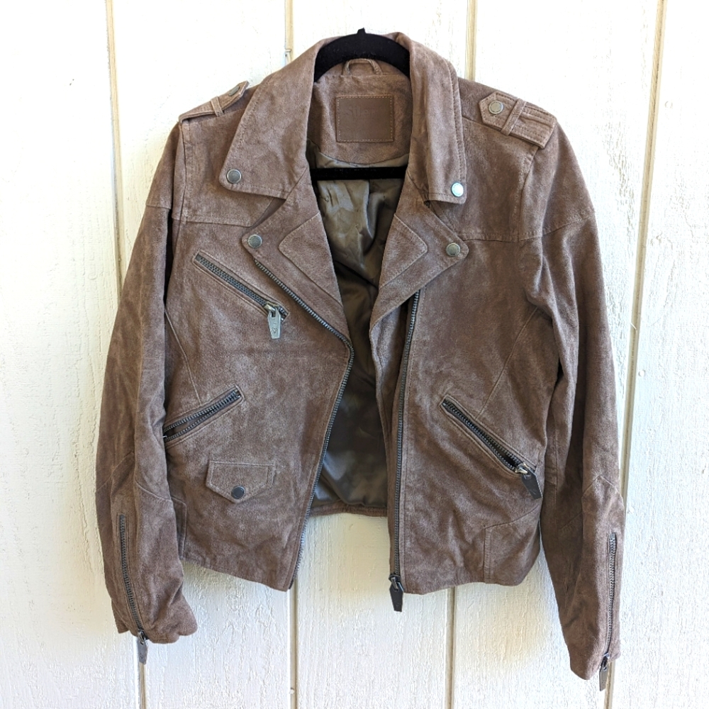 Silent NYC Leather Slate Suede Bomber moto Jacket medium
